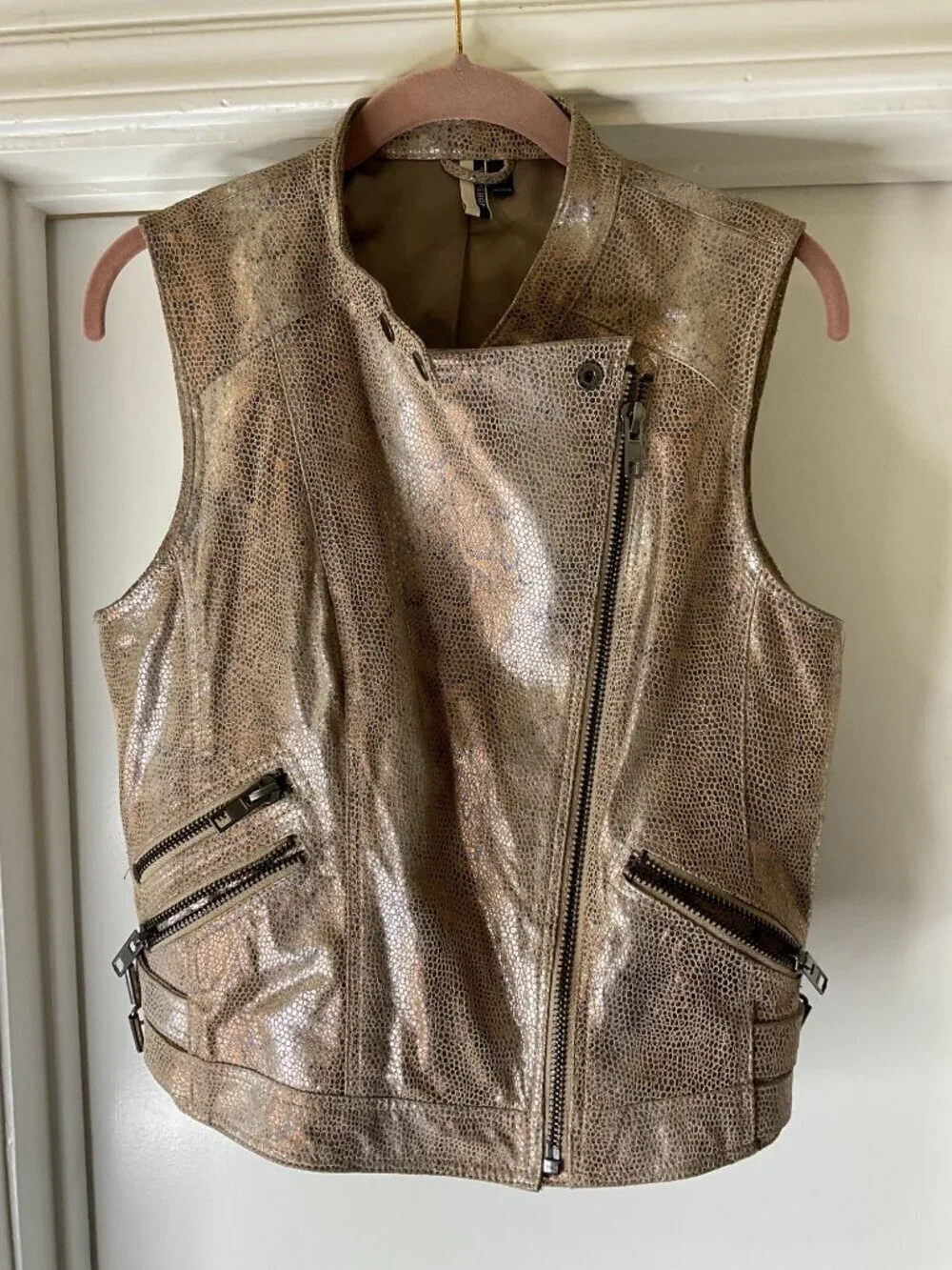 Topshop Gold Metallic Snakeskin Print Leather Vest Size 8 Motorcycle Glam